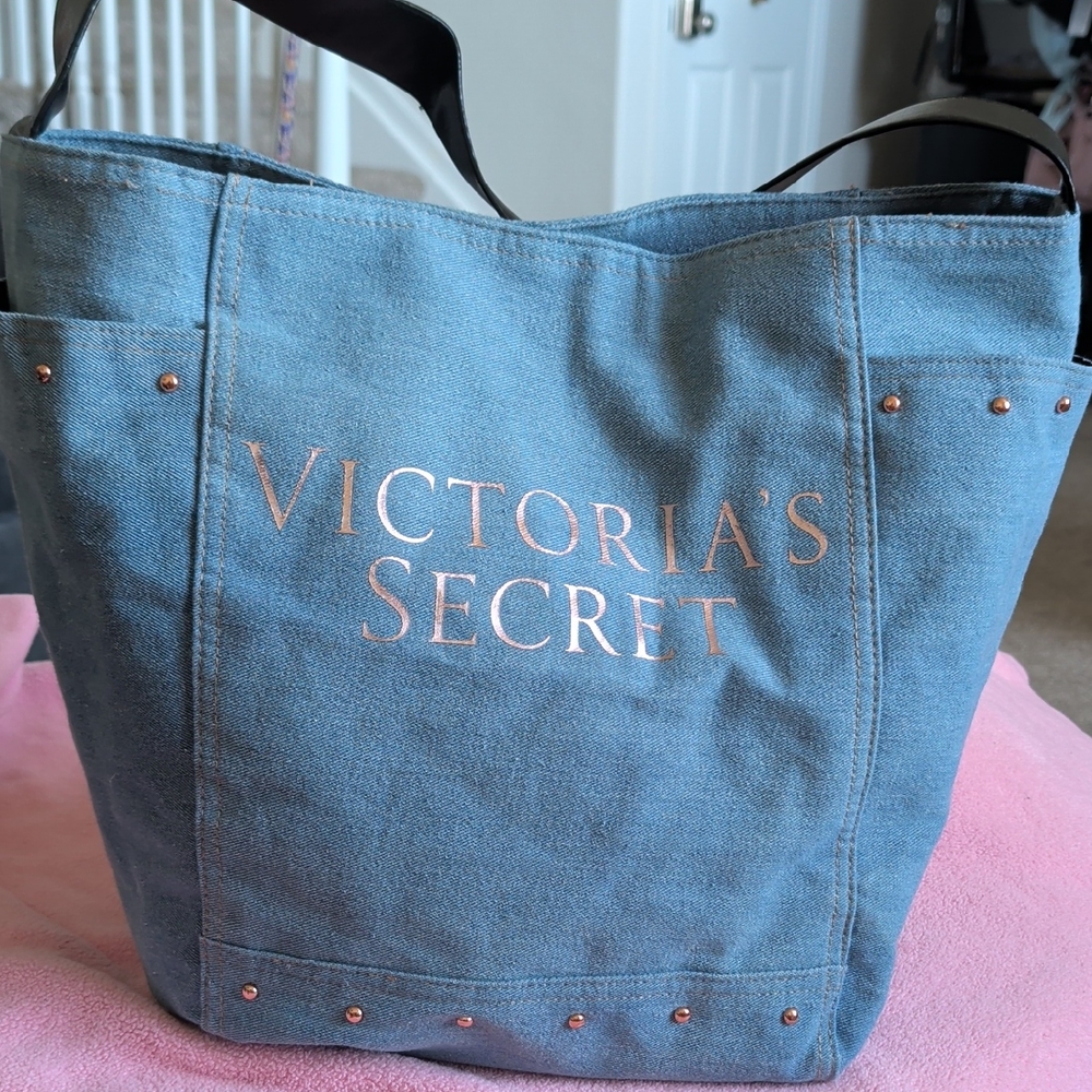 Victoria's Secret Blue Canvas Tote with Rose-Gold Accents